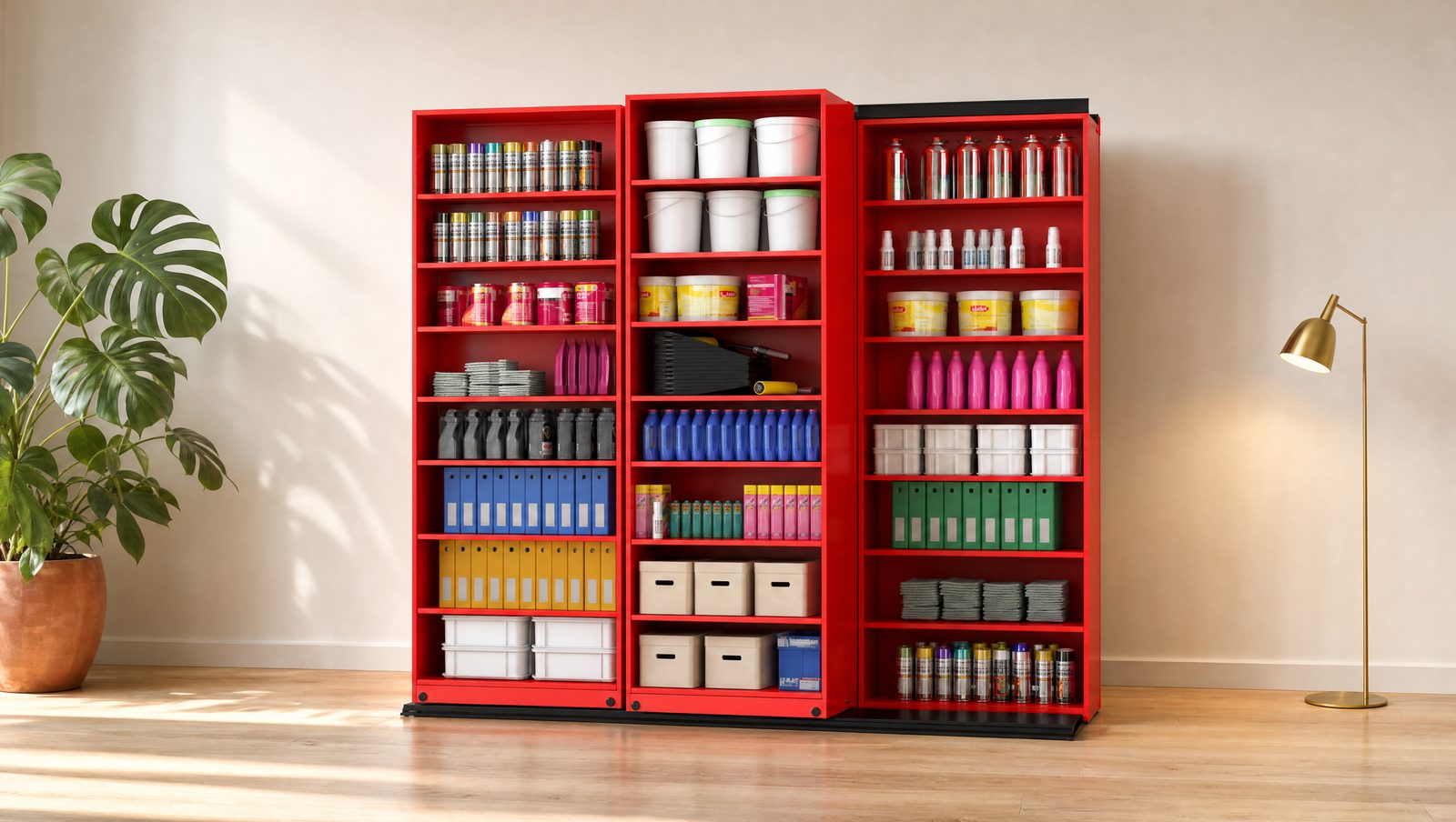 SmartGlide lateral push-and-slide storage system with paint cans and supplies, set in a bright modern showroom with a monstera plant and brass floor lamp