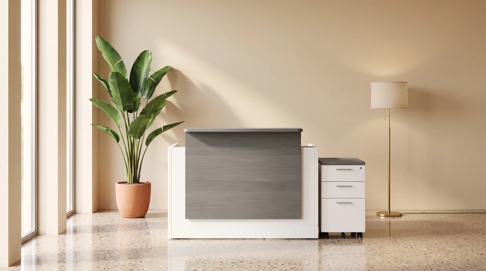 62” x 44” x 43” Receptionist Workstation with Three Drawer Mobile Pedestal Ref. DMA81/DMA20 from ETTES Office Furniture