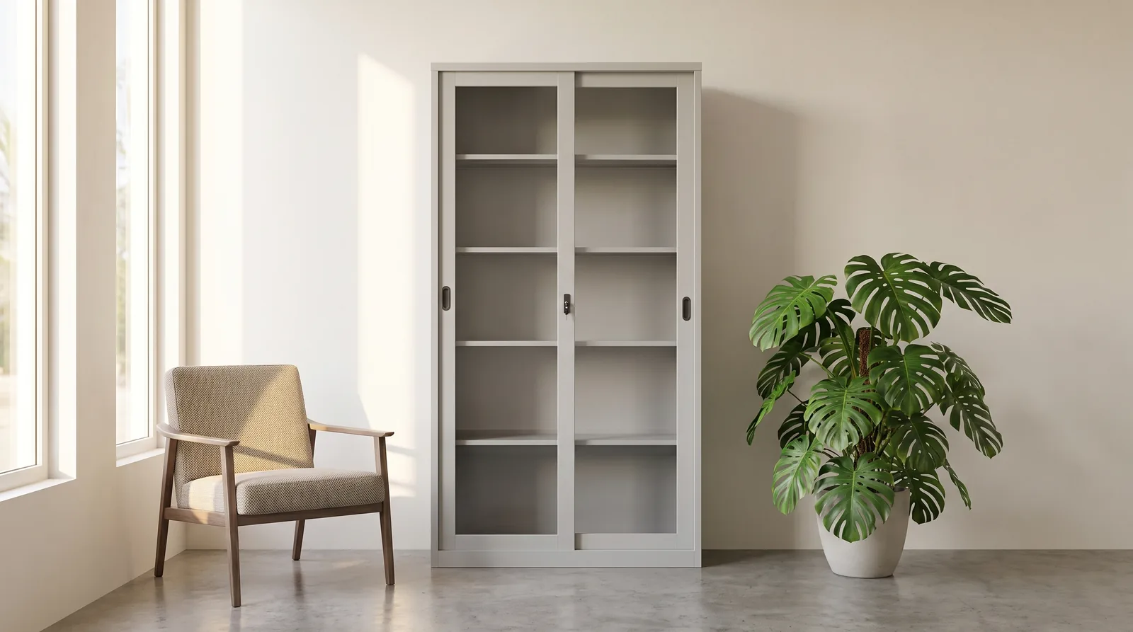 6ft Storage Cupboard with Glass Sliding Doors- Ref FC-E18 from ETTES Office Furniture